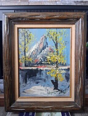 Morris Katz Painting Oil On Board Mountain Lake Landscape 1977 Vintage Original